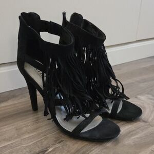 Black Fringe High Heel Sandals